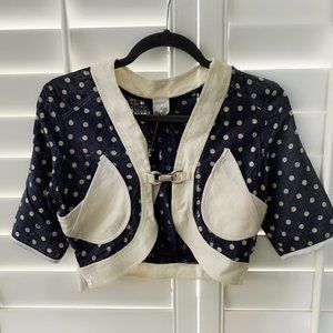 NWT Yana K Short Sleeve Navt Blue White Polka Dot Open Cropped Bolero Jacket S M
